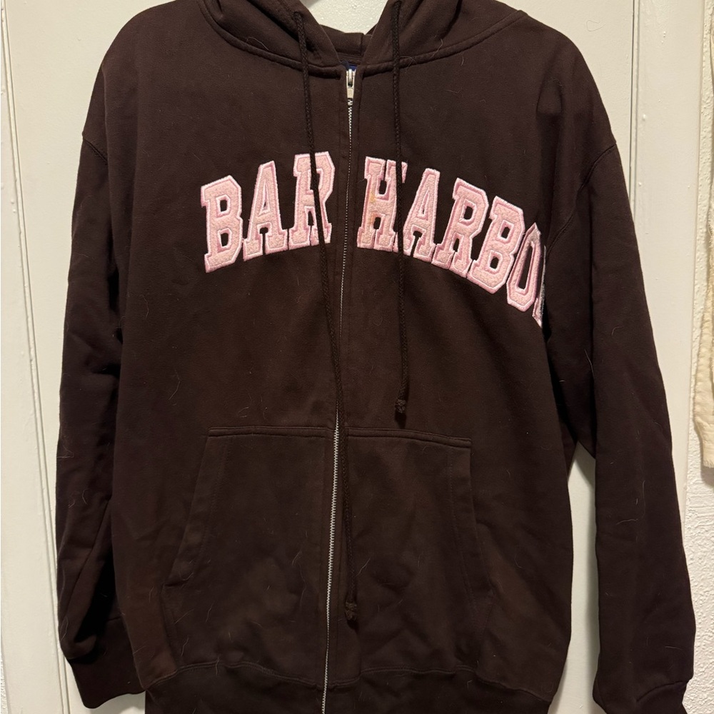 Brown Hoodie with Pink Bar Harbor Text